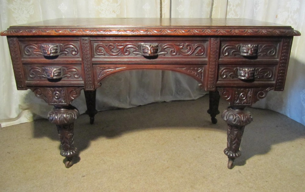 Gothic Oak Green Man Carved Oak Desk Centre Writing Table 