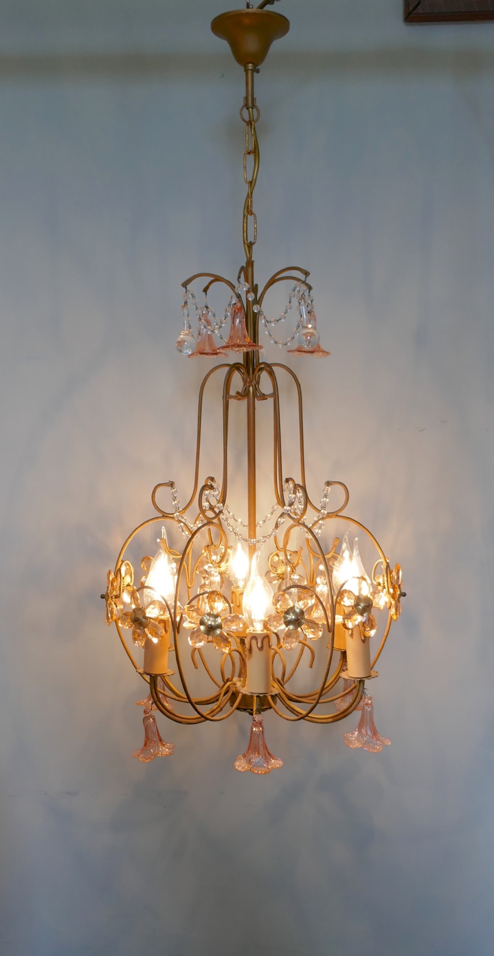 A Charming French Pink Glass Chandelier Light Fitting