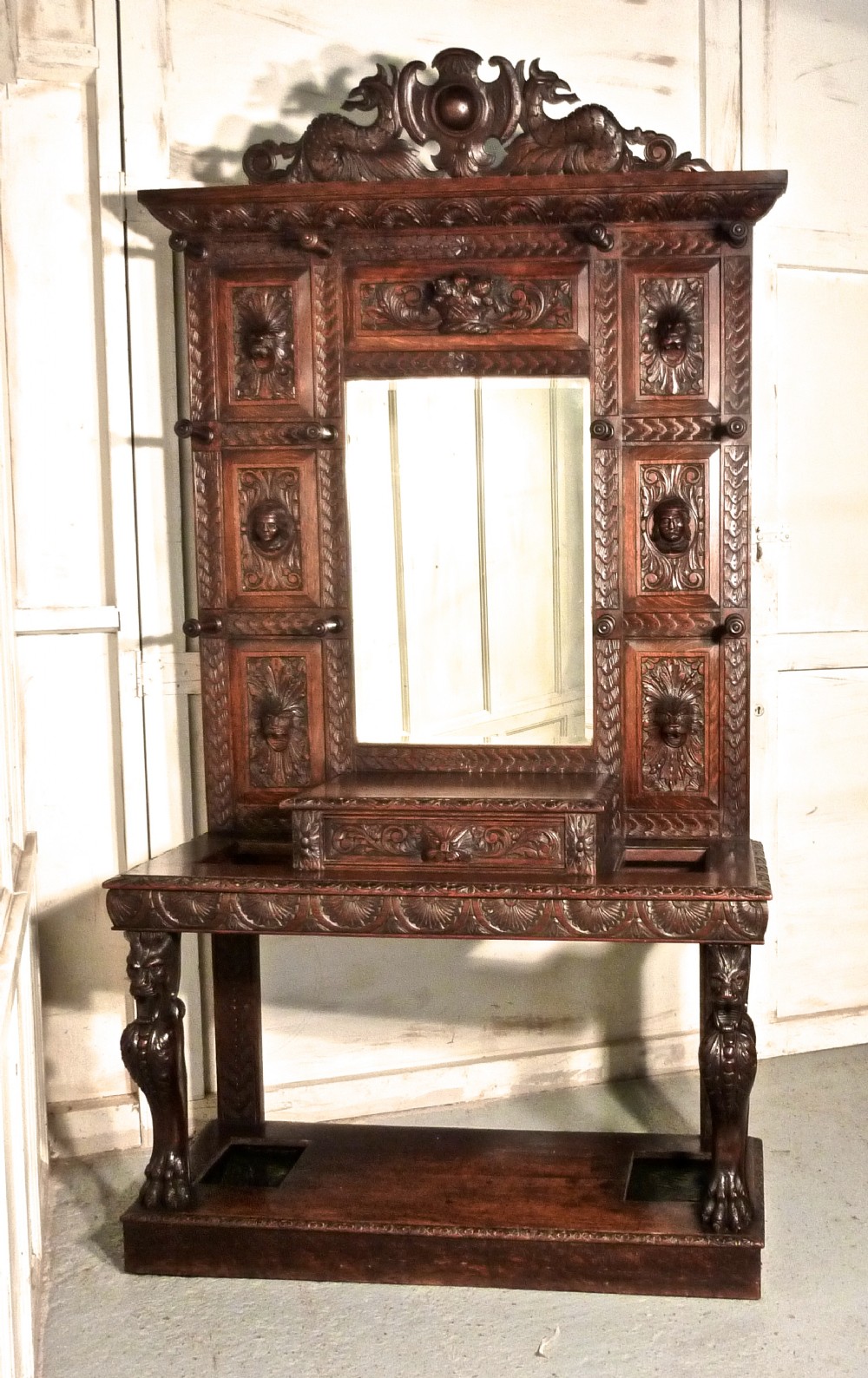 A Superb Quality Victorian Green Man Gothic Carved Oak Hall Stand 