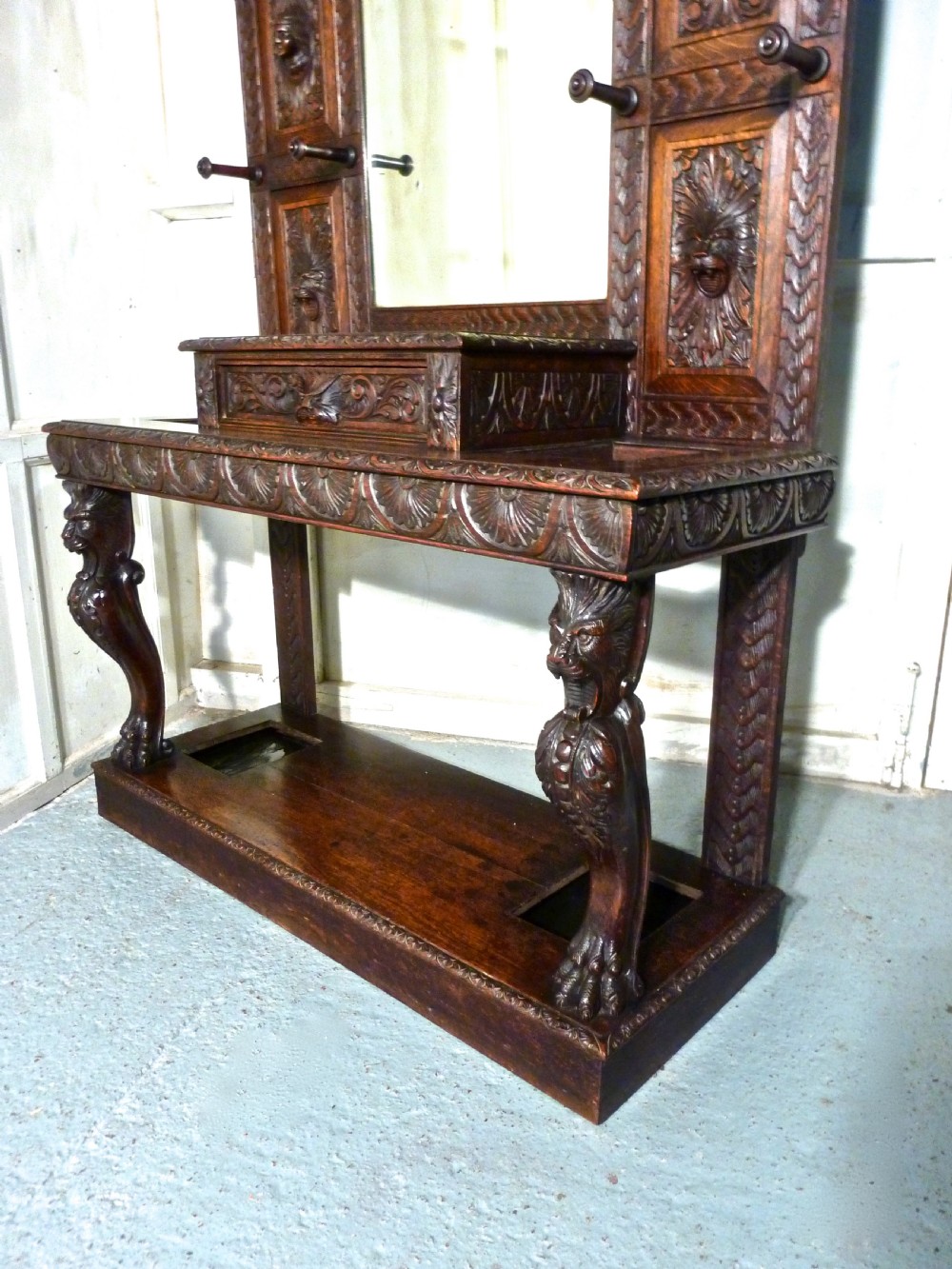 A Superb Quality Victorian Green Man Gothic Carved Oak Hall Stand  View III