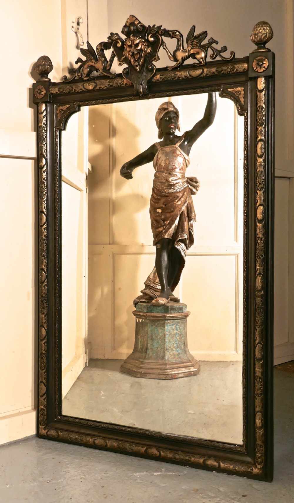 Large French Ebonised and Gilt Mirror, Lyons Mask and Dragon Crest 