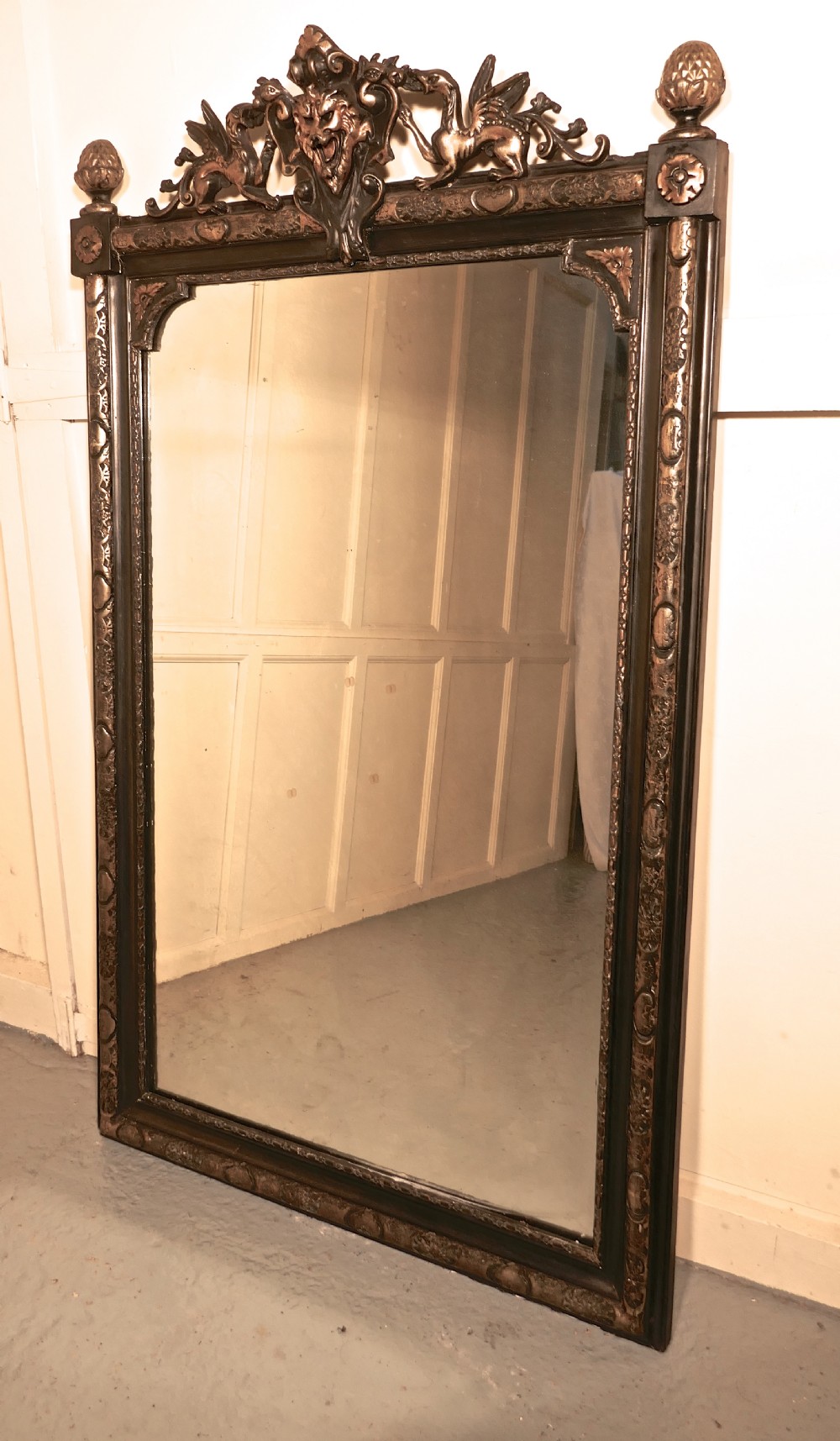 Large French Ebonised and Gilt Mirror, Lyons Mask and Dragon Crest  View II