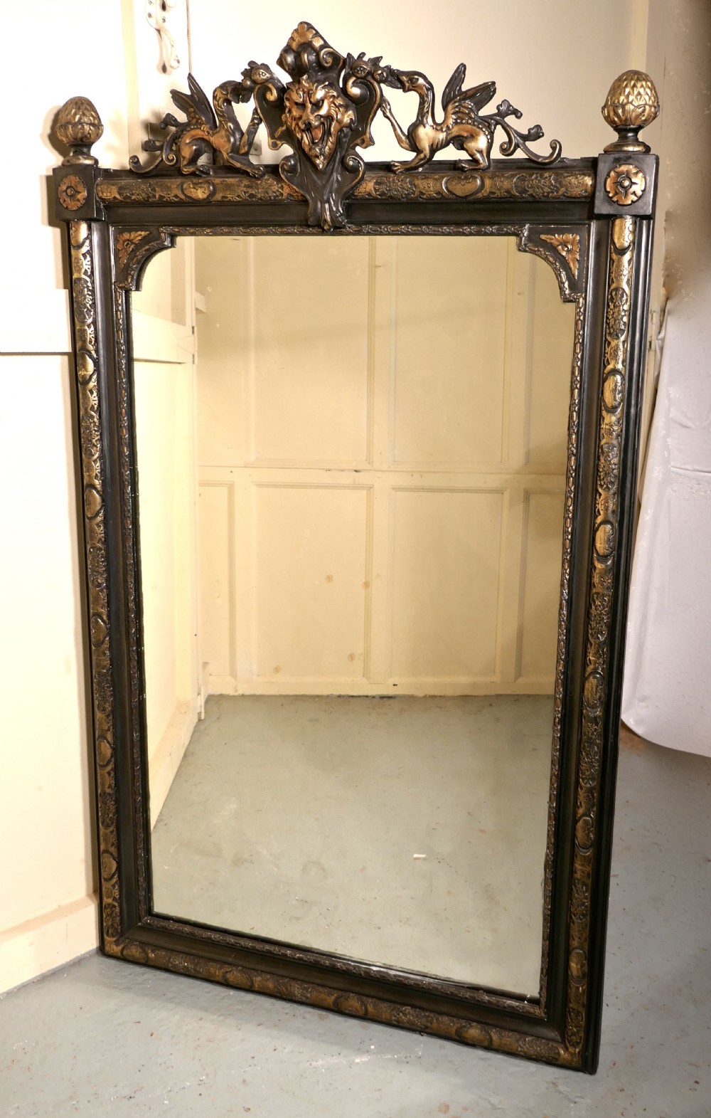 Large French Ebonised and Gilt Mirror, Lyons Mask and Dragon Crest  View V