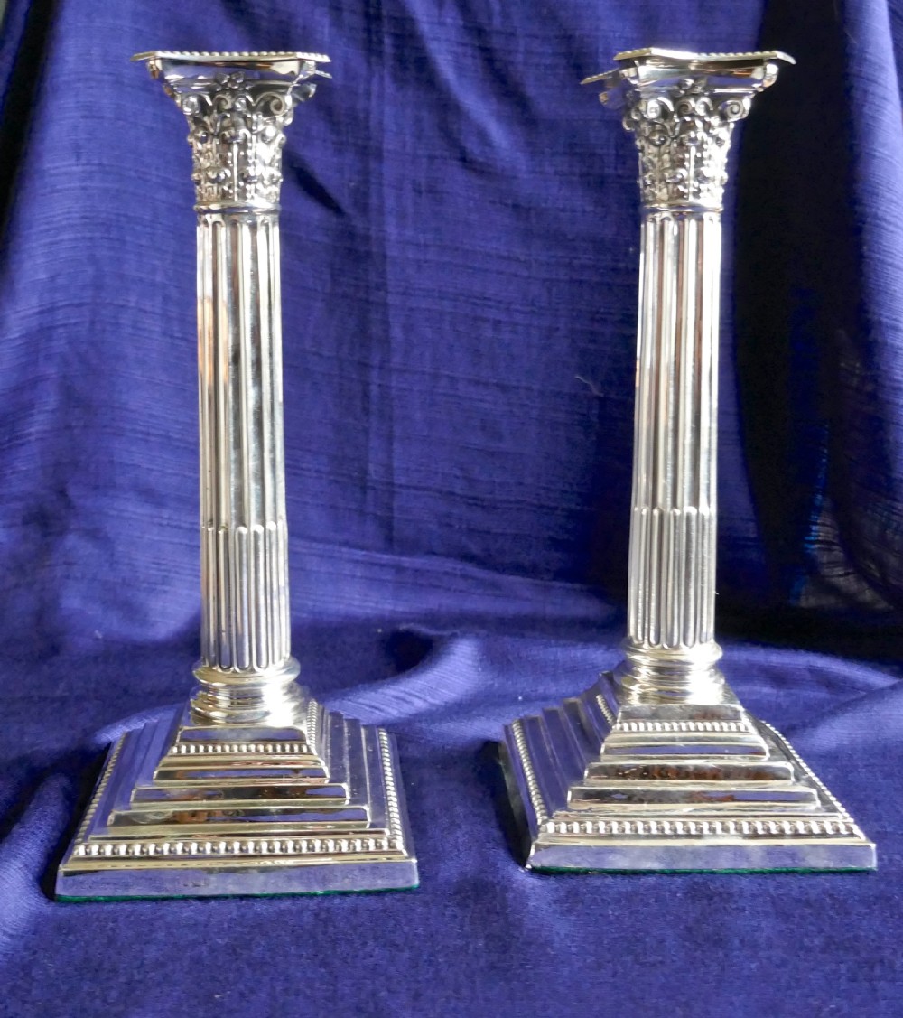 Pair of Classical Corinthian Column Silver Candlesticks Edwardian 1910