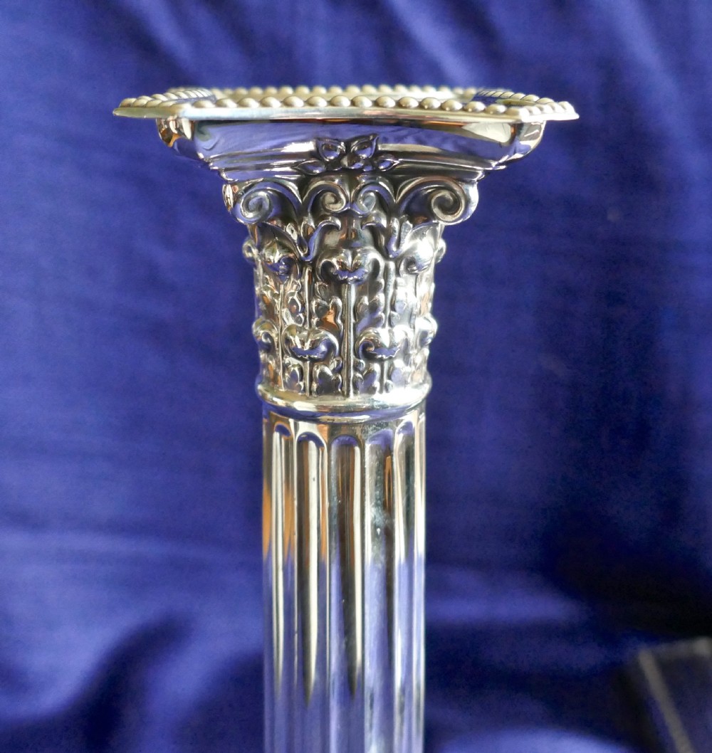 Pair of Classical Corinthian Column Silver Candlesticks Edwardian 1910 View V