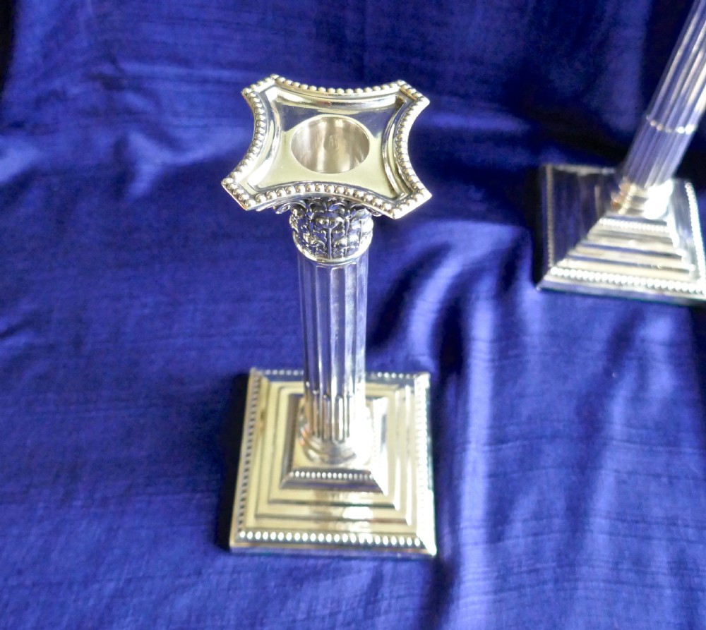 Pair of Classical Corinthian Column Silver Candlesticks Edwardian 1910 View VIII