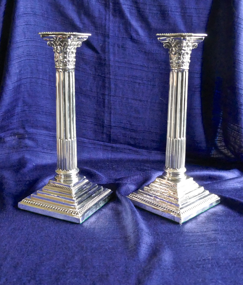 Pair of Classical Corinthian Column Silver Candlesticks Edwardian 1910 View X