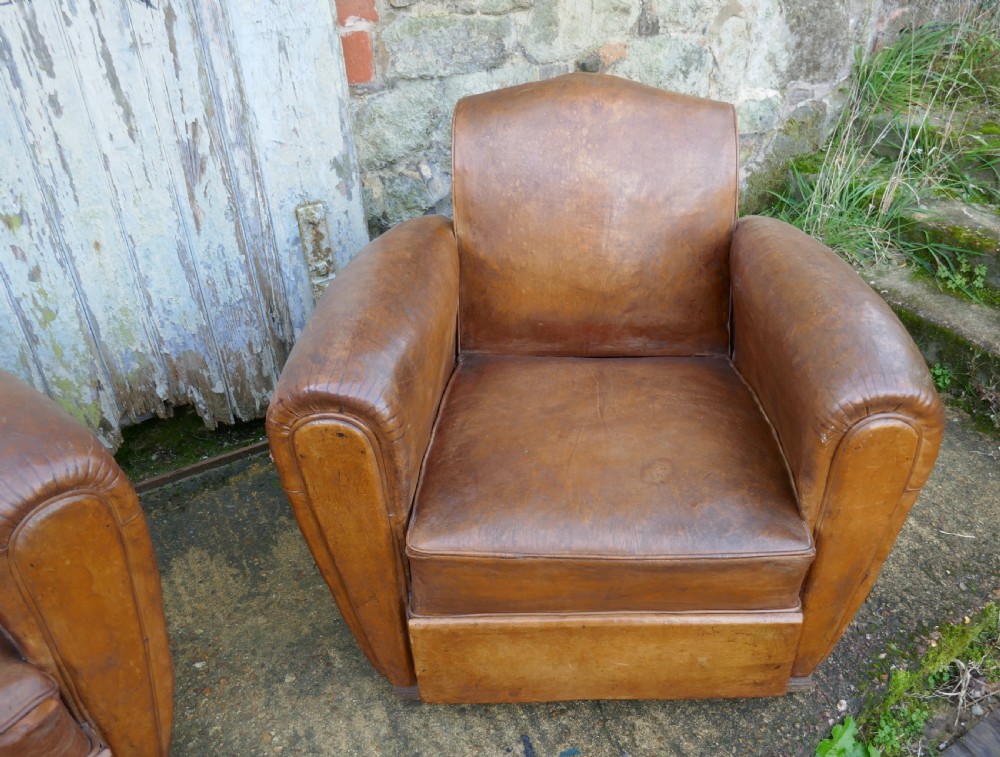 A Pair of French Art Deco Shabby Leather Club Chairs View IV