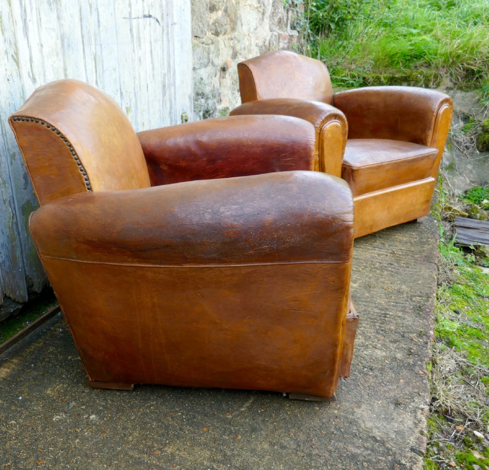 A Pair of French Art Deco Shabby Leather Club Chairs View VI