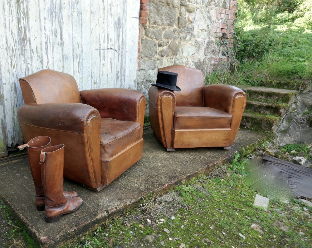 A Pair of French Art Deco Shabby Leather Club Chairs View VII