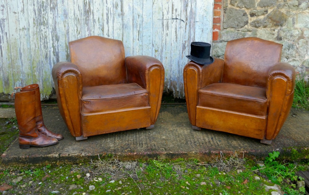A Pair of French Art Deco Shabby Leather Club Chairs View VIII