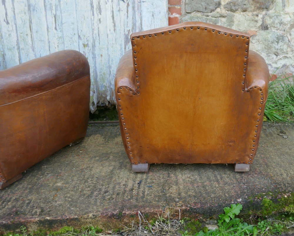A Pair of French Art Deco Shabby Leather Club Chairs View X