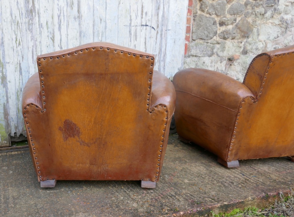 A Pair of French Art Deco Shabby Leather Club Chairs View XI