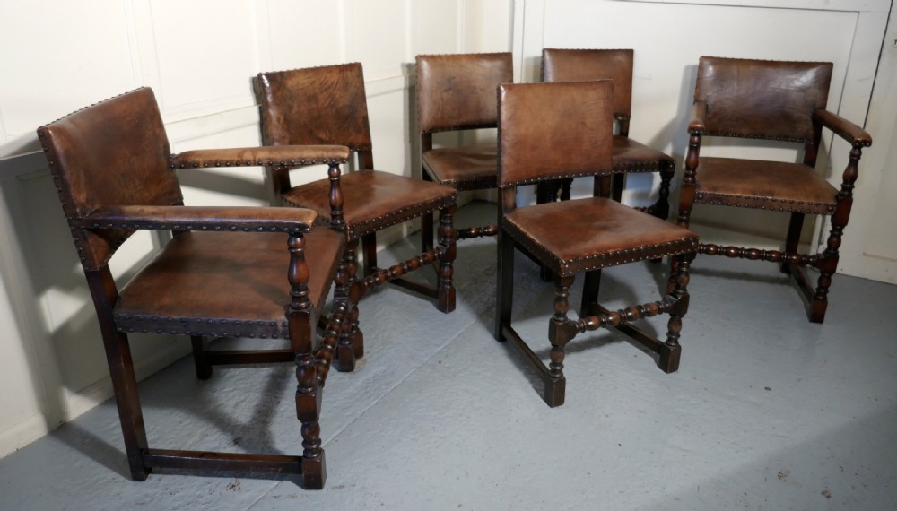 Set of 6 Jacobean Style Gothic Oak and Leather Dining Chairs