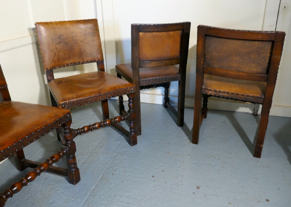 Set of 6 Jacobean Style Gothic Oak and Leather Dining Chairs View III
