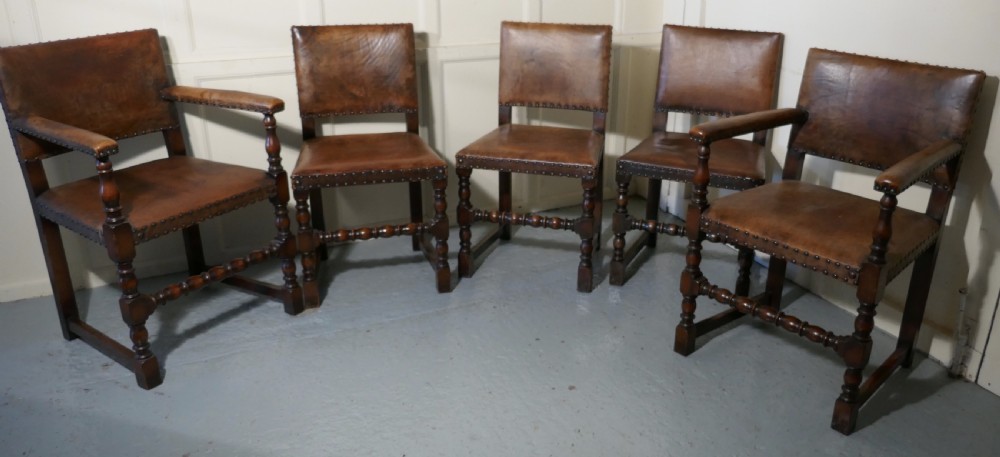 Set of 6 Jacobean Style Gothic Oak and Leather Dining Chairs View V