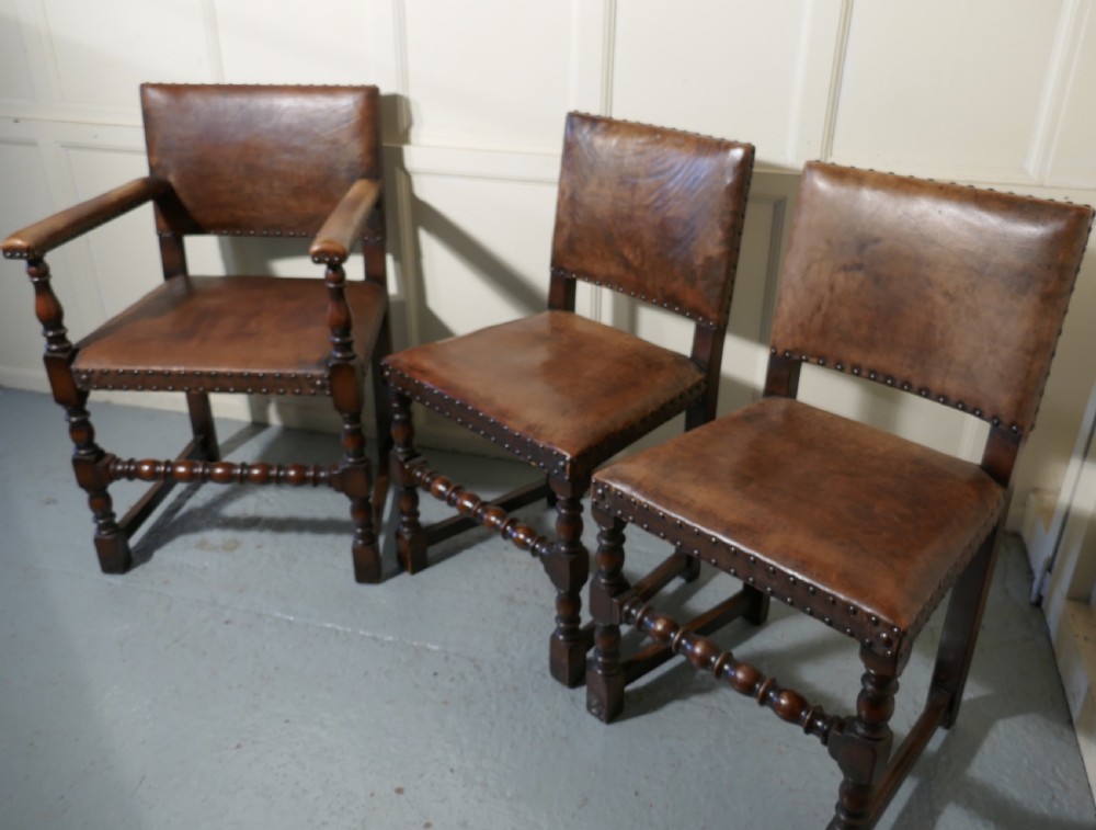 Set of 6 Jacobean Style Gothic Oak and Leather Dining Chairs View VI