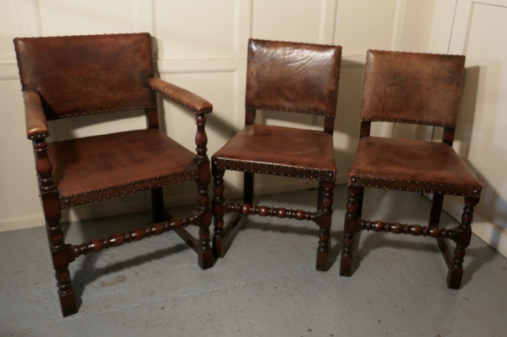 Set of 6 Jacobean Style Gothic Oak and Leather Dining Chairs View VII