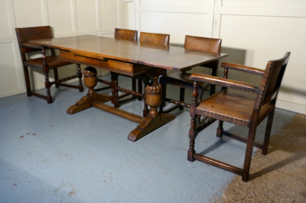 Set of 6 Jacobean Style Gothic Oak and Leather Dining Chairs View VIII