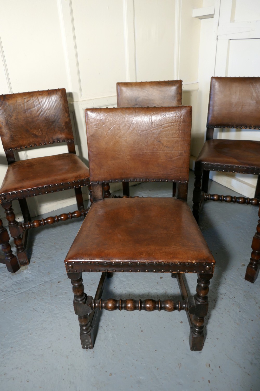 Set of 6 Jacobean Style Gothic Oak and Leather Dining Chairs View IX