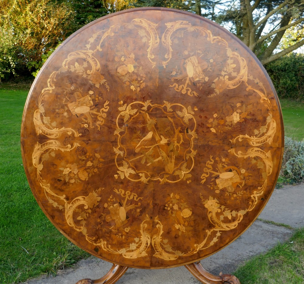 Large Inlaid Musical Theme Burr Walnut Marquetry Centre Dining Table  View IV