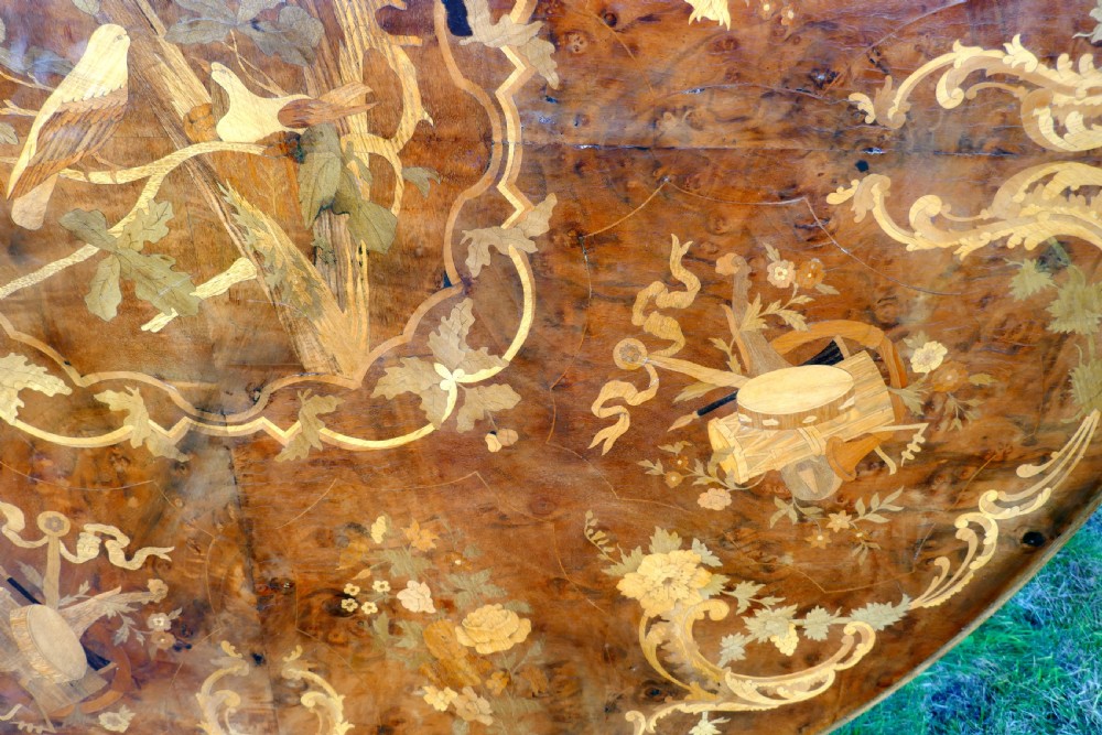 Large Inlaid Musical Theme Burr Walnut Marquetry Centre Dining Table  View V