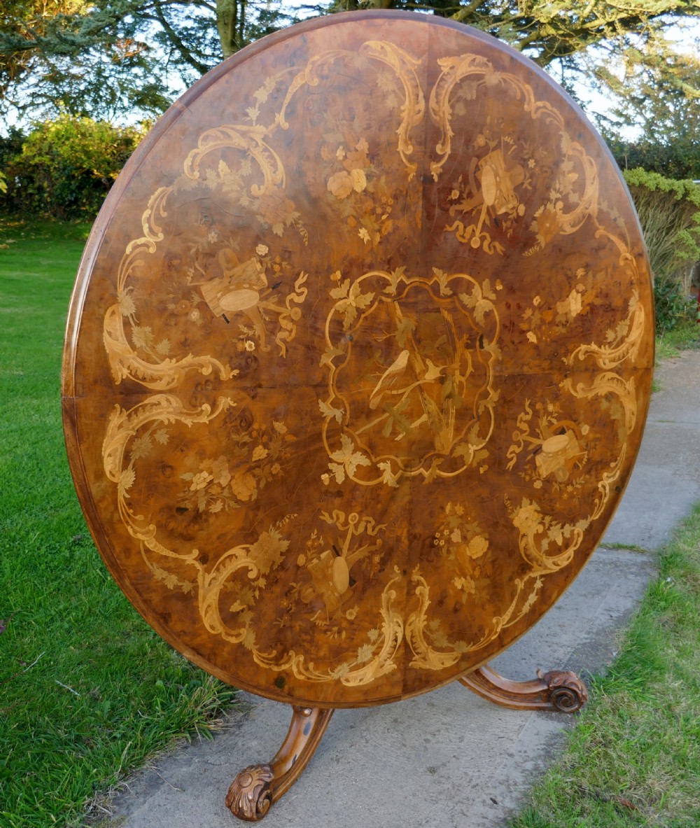Large Inlaid Musical Theme Burr Walnut Marquetry Centre Dining Table  View IX