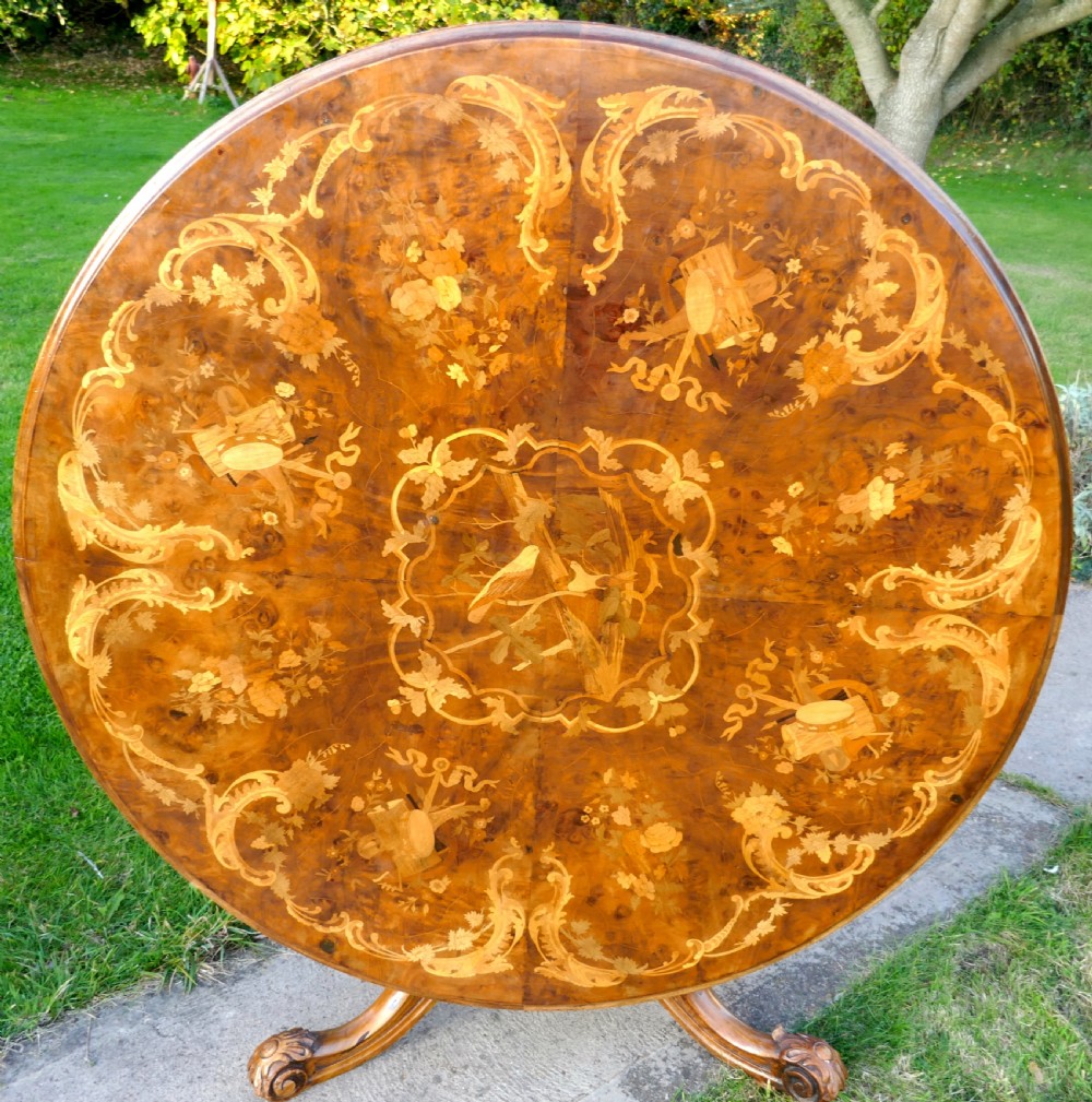 Large Inlaid Musical Theme Burr Walnut Marquetry Centre Dining Table  View XIII