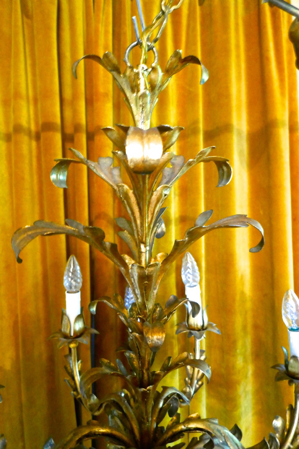 A Very Large French 12 Branch Gold Tole Chandelier View VI