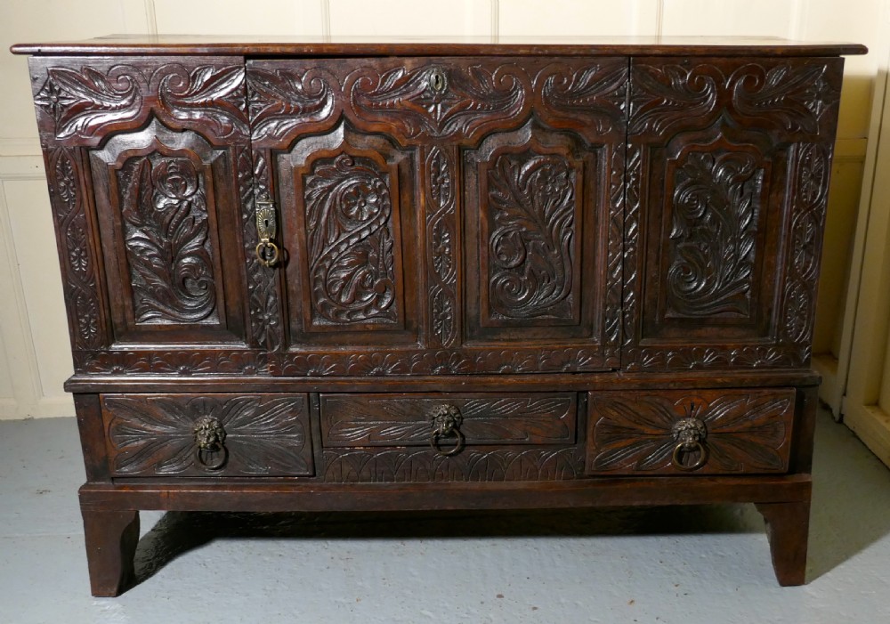Large 18th Century Carved Oak Marriage Chest 