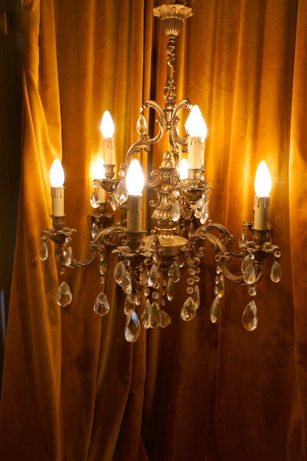 A Charming Large French Crystal and Brass 9 Branch Chandelier View IX