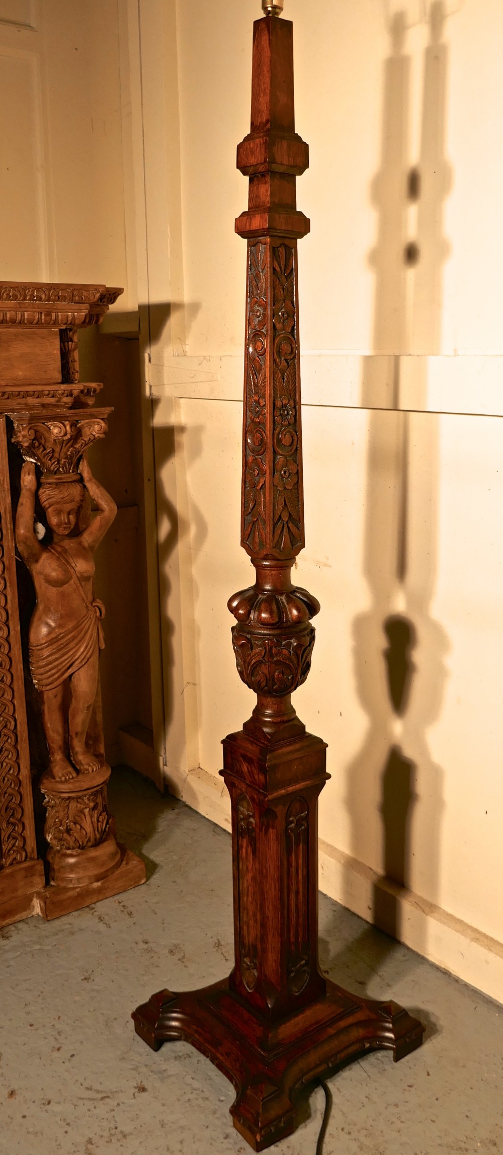 Gothic Carved Oak Arts and Crafts Floor Standing Standard Lamp