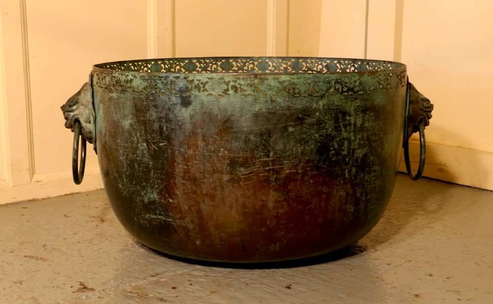 Large Bronze Temple Water Bowl with Lion Dog Mask Ring Handles 1850