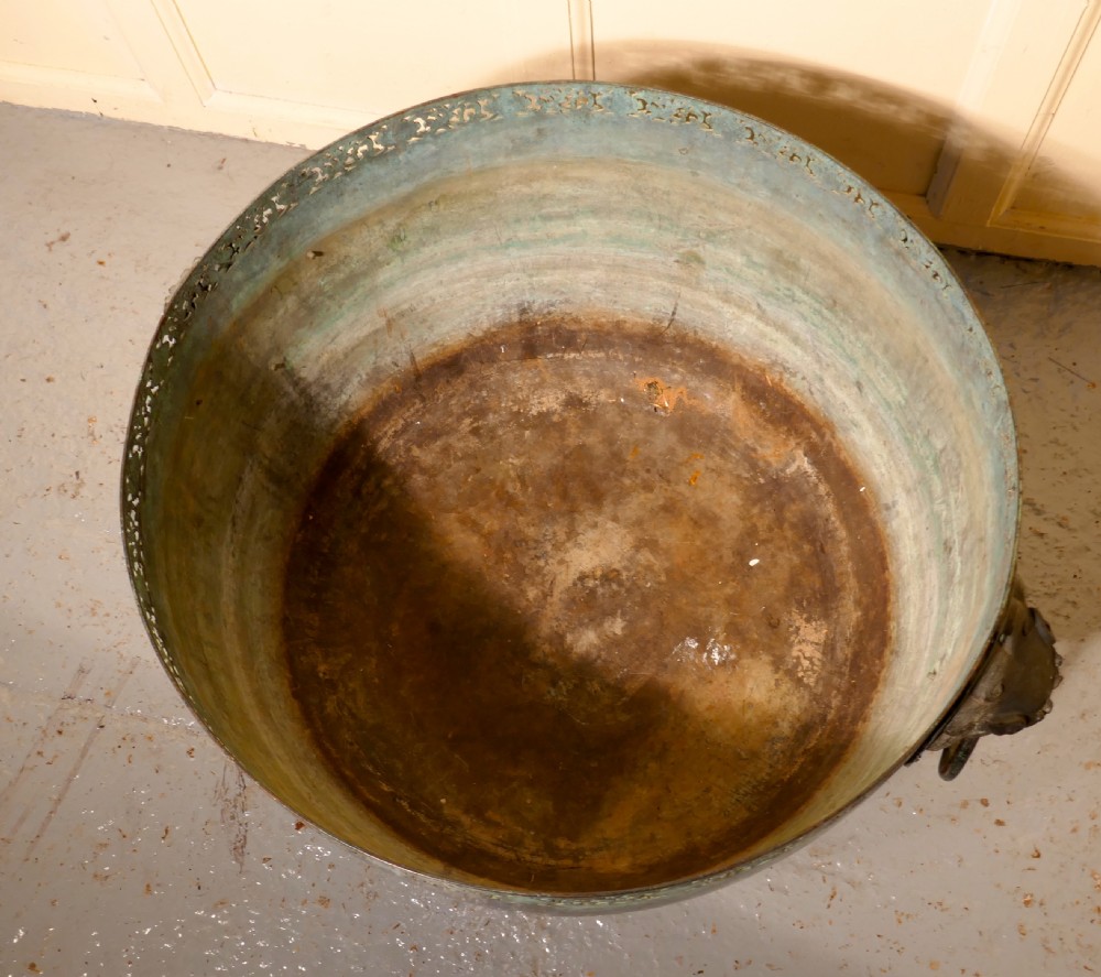 Large Bronze Temple Water Bowl with Lion Dog Mask Ring Handles 1850 View VI