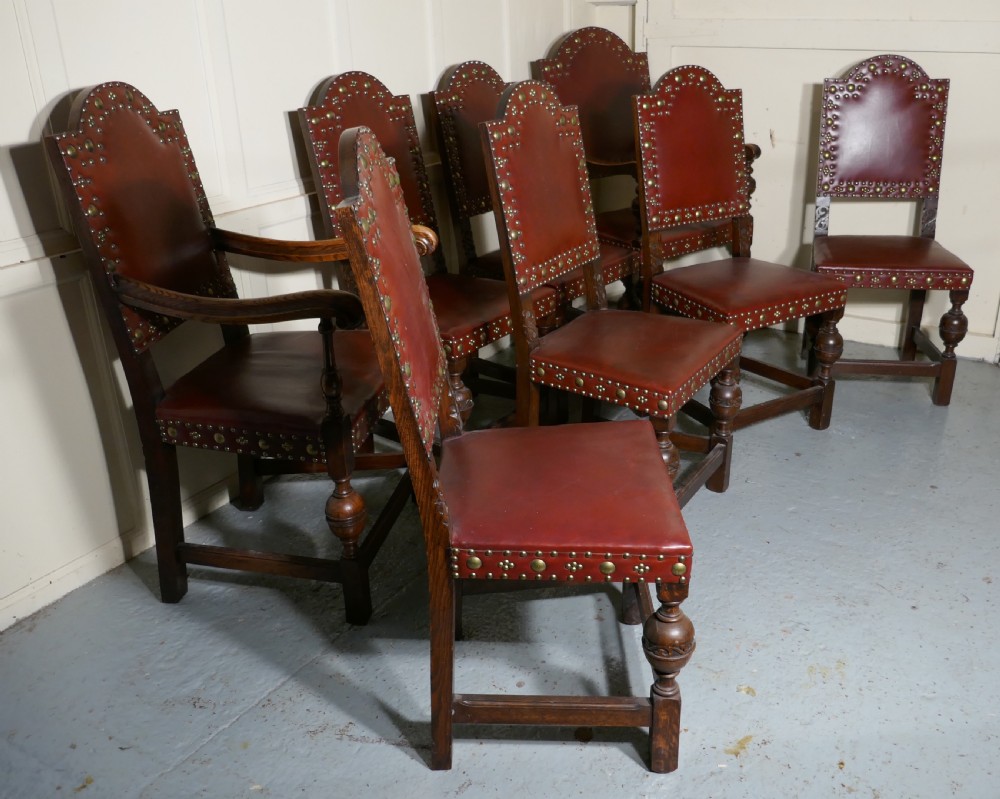 Set of 8 Gothic Oak Dining Chairs by Gillow View V