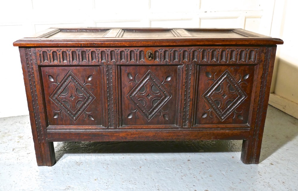 17th Century Carved Oak Coffer, with Key