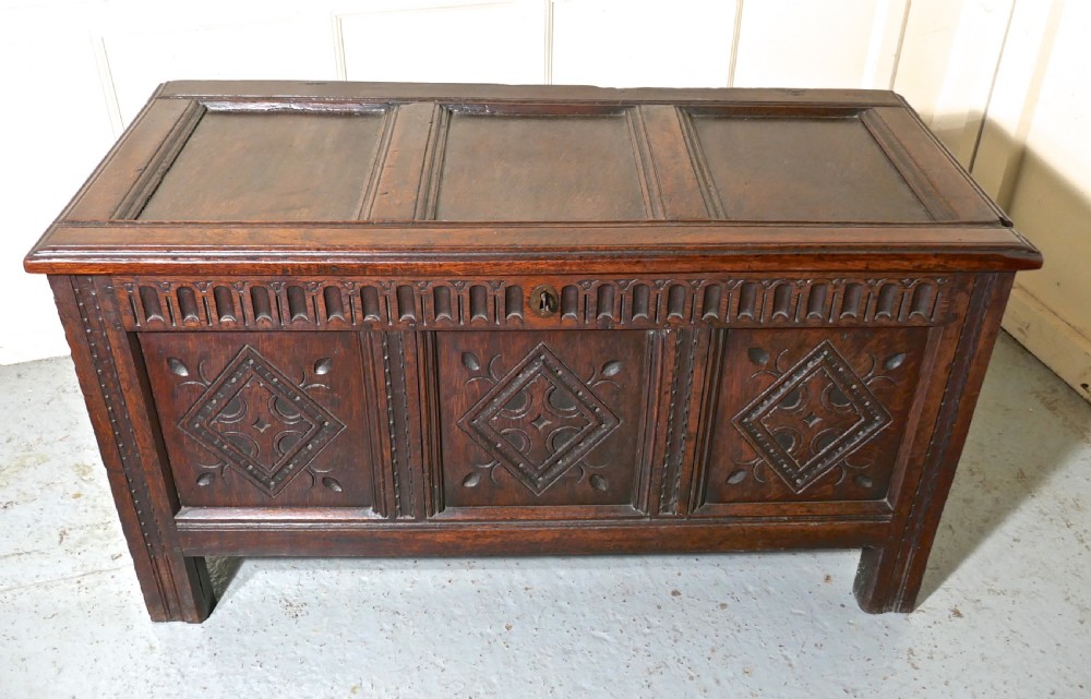 17th Century Carved Oak Coffer, with Key View II