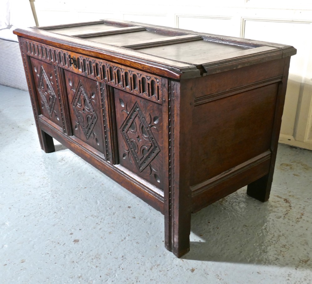 17th Century Carved Oak Coffer, with Key View IV