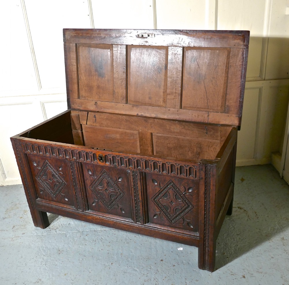 17th Century Carved Oak Coffer, with Key View VI