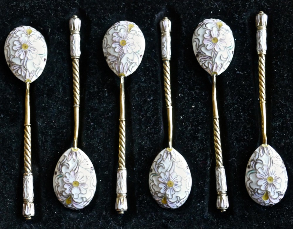 A Good Set Of 6 Russian Imperial Silver White Cloisonné Enamel Spoons 
