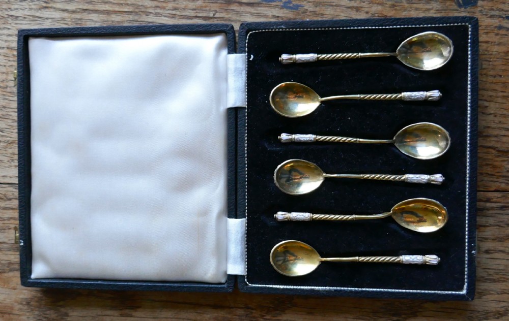A Good Set Of 6 Russian Imperial Silver White Cloisonné Enamel Spoons  View II