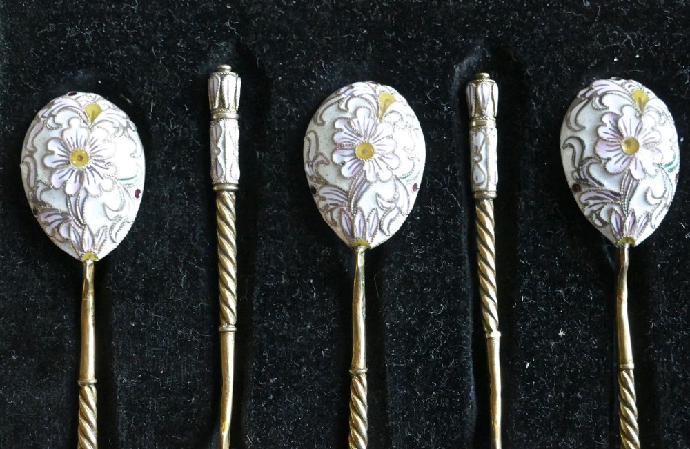 A Good Set Of 6 Russian Imperial Silver White Cloisonné Enamel Spoons  View III