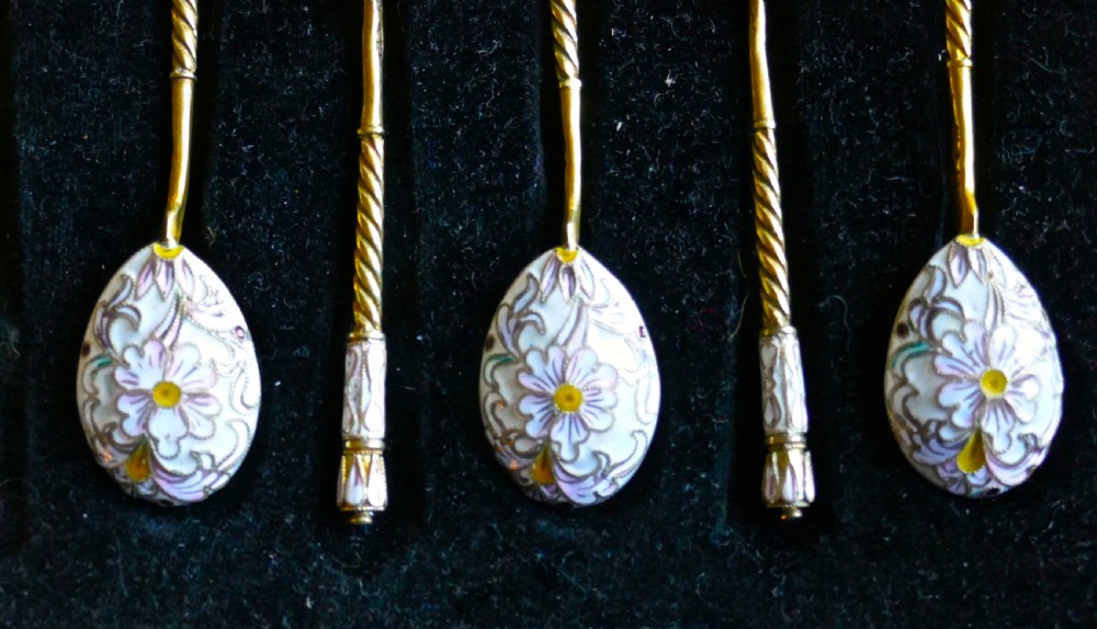 A Good Set Of 6 Russian Imperial Silver White Cloisonné Enamel Spoons  View IV