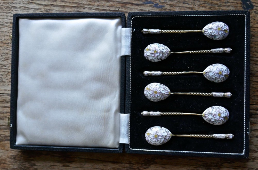 A Good Set Of 6 Russian Imperial Silver White Cloisonné Enamel Spoons  View V