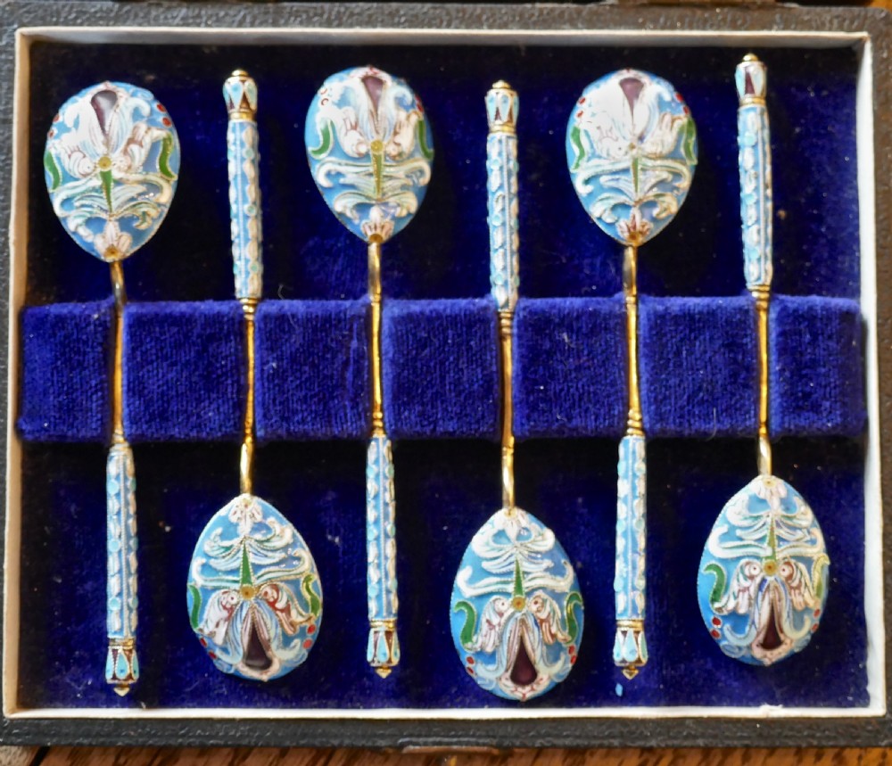 A Good Set Of 6 Russian Imperial Silver Pale Blue Cloisonné Enamel Spoons  View II