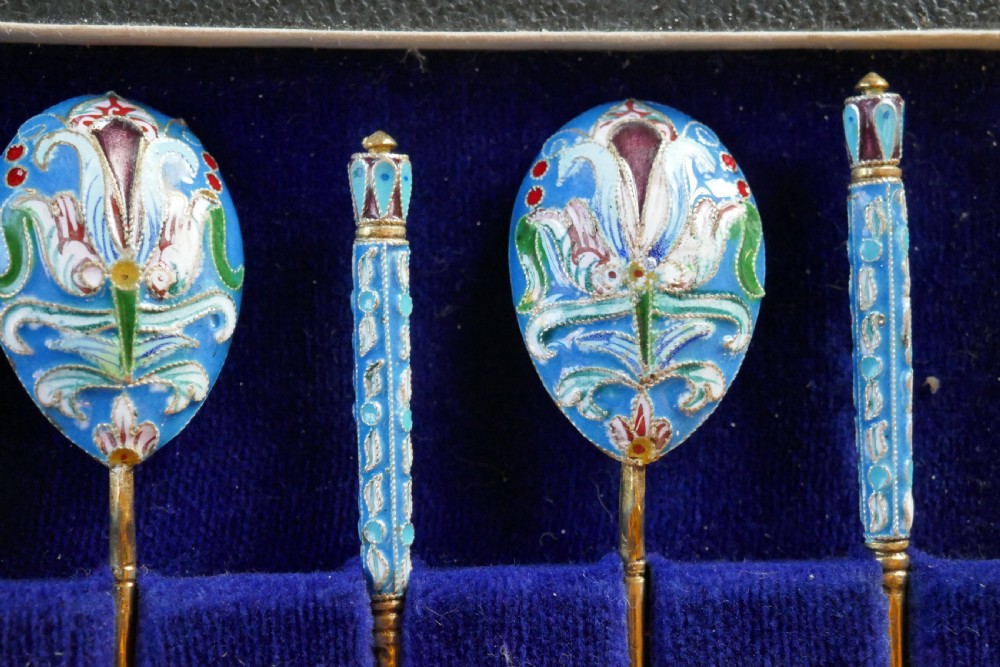 A Good Set Of 6 Russian Imperial Silver Pale Blue Cloisonné Enamel Spoons  View III