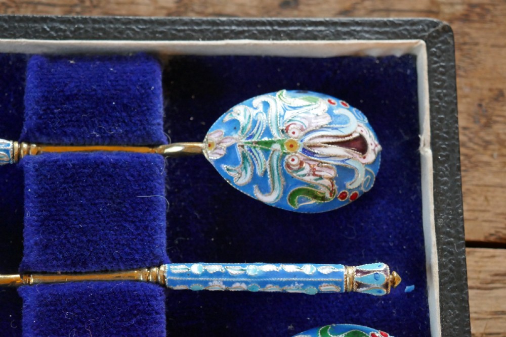 A Good Set Of 6 Russian Imperial Silver Pale Blue Cloisonné Enamel Spoons  View V