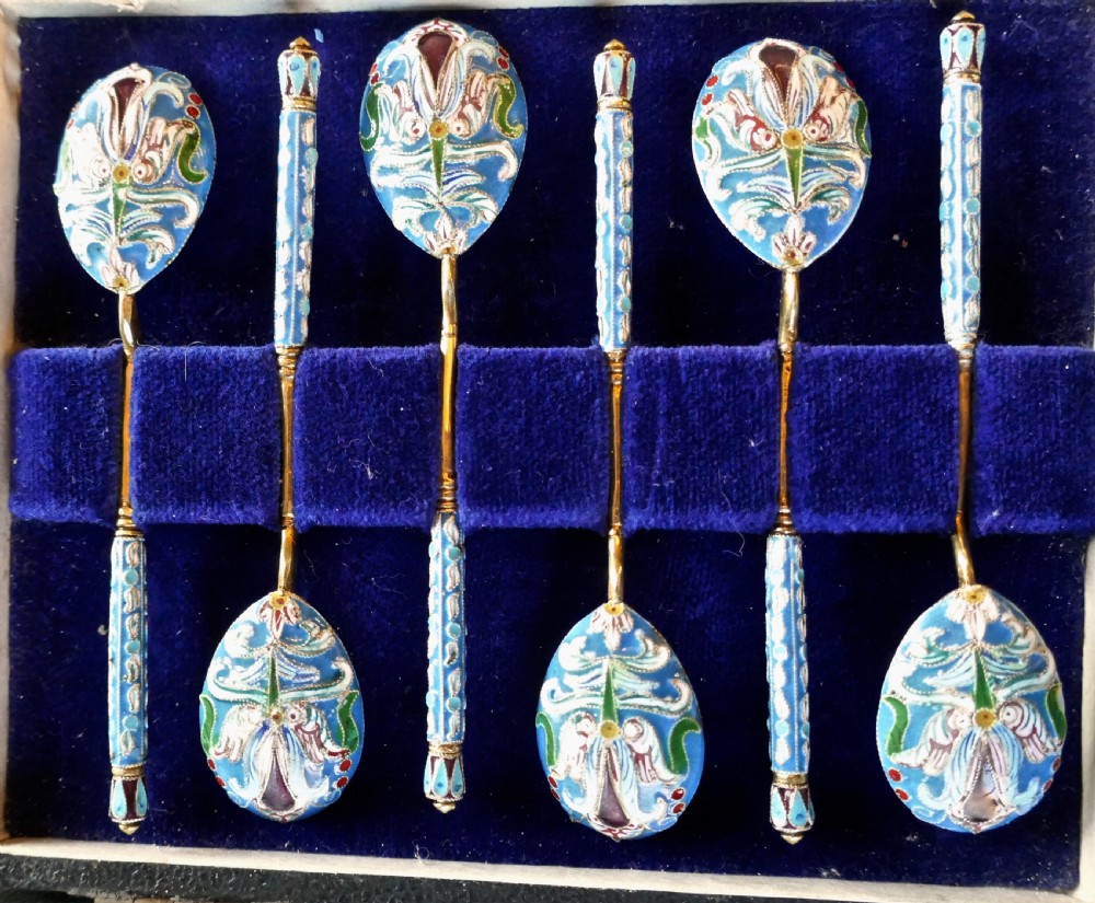 A Good Set Of 6 Russian Imperial Silver Pale Blue Cloisonné Enamel Spoons  View VI