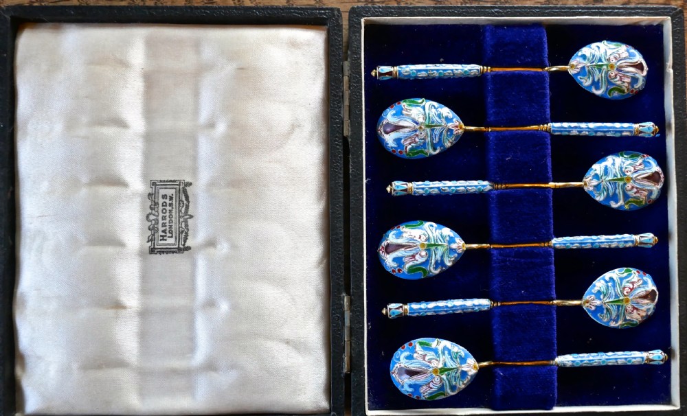 A Good Set Of 6 Russian Imperial Silver Pale Blue Cloisonné Enamel Spoons  View VII