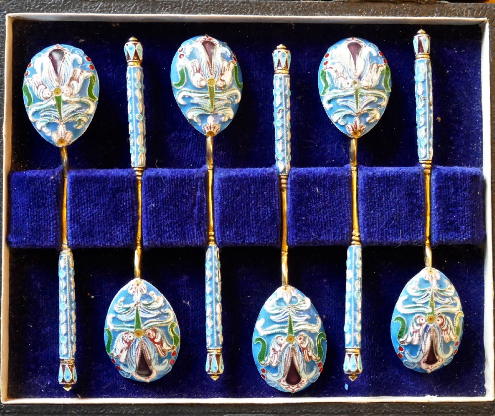 A Good Set Of 6 Russian Imperial Silver Pale Blue Cloisonné Enamel Spoons  View VIII